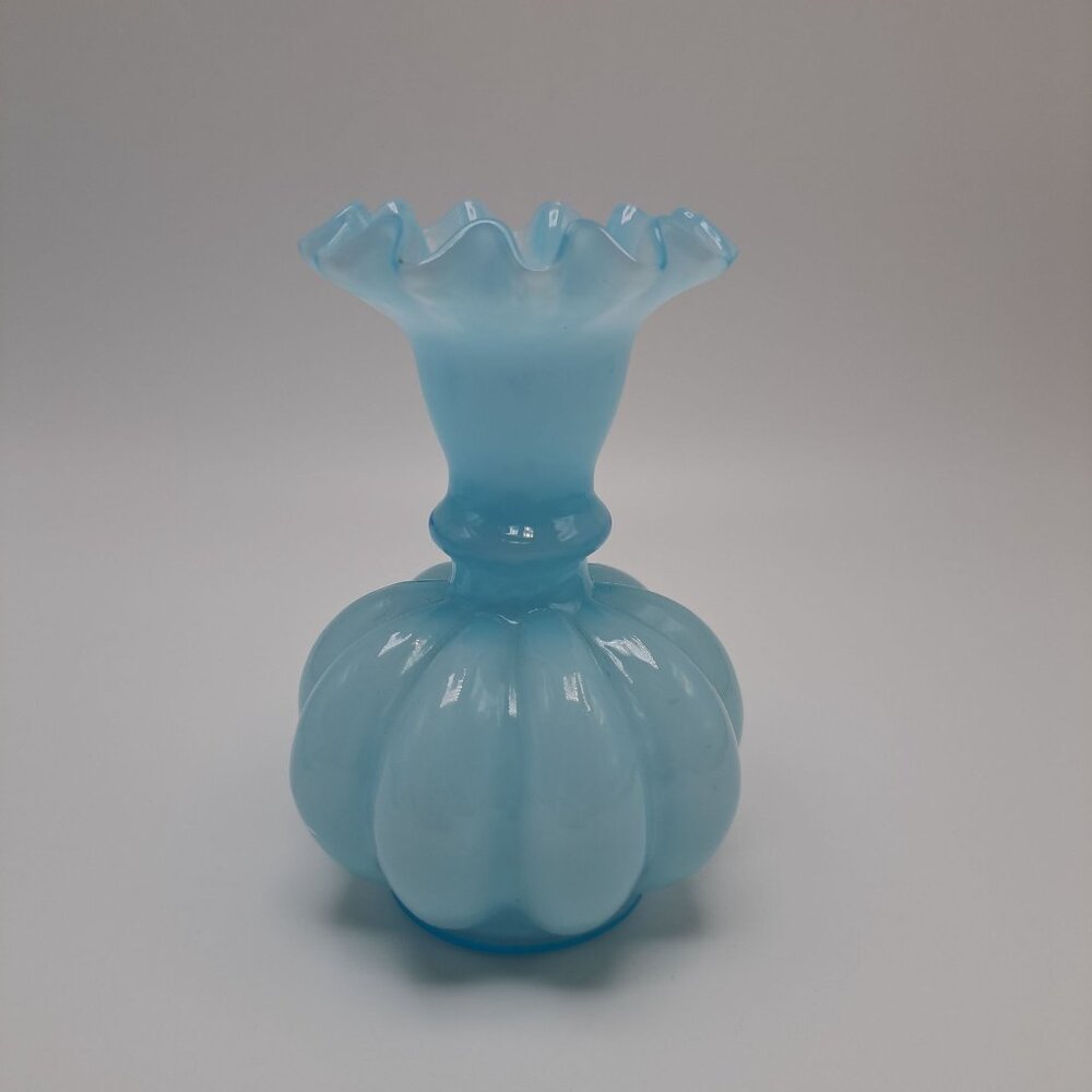 Fenton Pale Blue Melon Vase With Ruffled Crimped Edge Glass